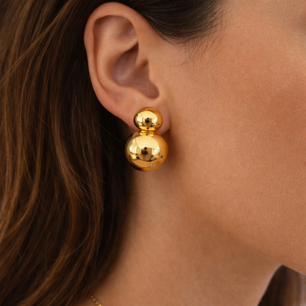 18K Gold Plated Double Ball Earrings 0.75in Drop 0.5in Wide Chunky Stud Statment